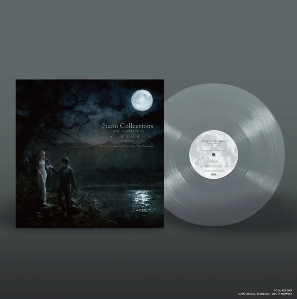 Front cover of the Final Fantasy XV Piano Collections vinyl featuring two characters by a lake lit by moonlight. The cover art is dark and soft with a painterly feel. The vinyl is clear with a moon as a center label.