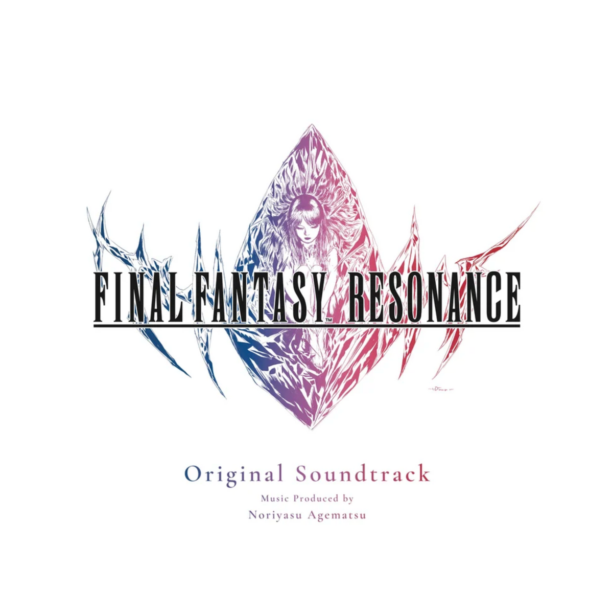 Cover art for Final Fantasy Resonance 4CD set, featuring an all white plain background with a blue to red gradient colored illustration of a woman surrounded by crystals. The title says "Final Fantasy Resonance" and "Original soundtrack music produced by Noiyasu Agematsu"