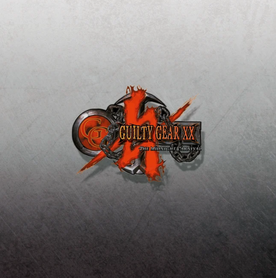 A stylized metallic logo for Guilty Gear XX, featuring a large orange-red symbol with flame-like edges, a circular emblem with "GG" in it, and dark gray mechanical elements on a brushed metal textured gray background.