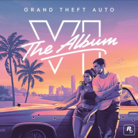 Vinyl cover art for 'Grand Theft Auto VI: The Album" featuring a stylized illustration of a man and woman leaning on a car against a sunset sky with palm trees and a city skyline.