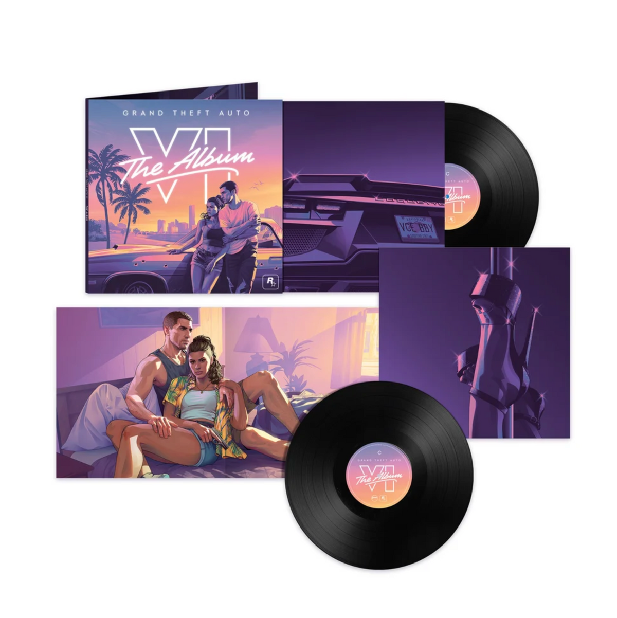 Full spread of the Grand Theft Auto VI vinyl. Has the front cover of the gatefold with an insert featuring the backside of a car and license plate, the black vinyl with purple to light yellow gradient sticking out, then below all that is the inside gatefold featuring the main characters on a bed. An insert featuring someone's ankles down with heels upside down on a pole. The other disc is fully visible partially on that insert that matches the other disc. 