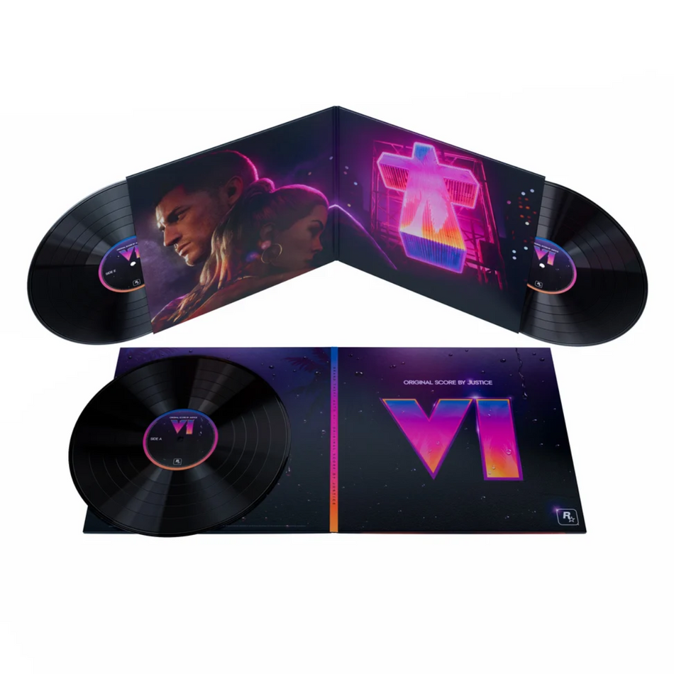 Full spread for the Grand Theft Auto VI score on vinyl, showing the outside cover with vibrant pink and orange gradients on a dark background and the black vinyl is displayed on top of the back panel. The inside cover has two characters embracing on the left panel with a black record sticking out, and then the right panel has Justice's cross logo in a gradient matching the front. A black vinyl is also sticking out this side.
