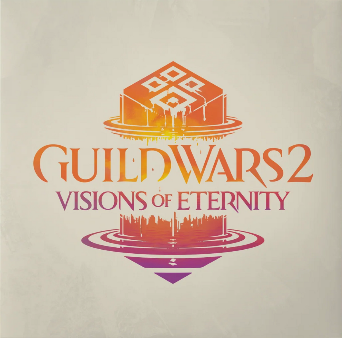 Guild Wars 2: Visions of Eternity vinyl cover featuring a stylized orange and purple Guild Wars 2 wordmark with a pillar like object above and below the text. The text and icon is on a beige background.