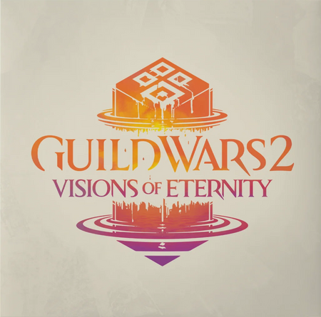 Guild Wars 2: Visions of Eternity vinyl cover featuring a stylized orange and purple Guild Wars 2 wordmark with a pillar like object above and below the text. The text and icon is on a beige background.