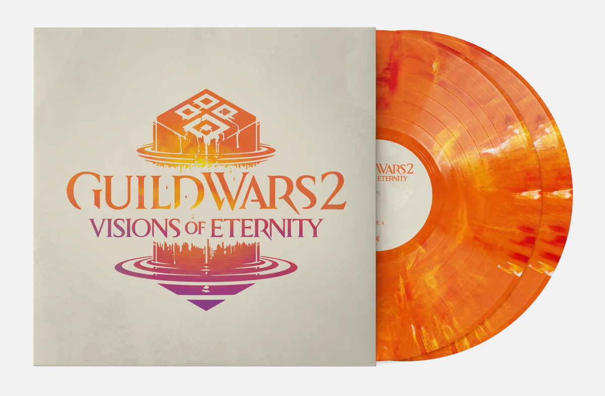 Guild Wars 2: Visions of Eternity vinyl record album with its illustrated cover sleeve and a bright orange record with white, yellow, and red accents partially visible behind it.