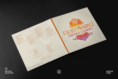 A full spread showing the Guild Wars 2: Visions of Eternity vinyl jacket outside cover shot on a black background. The front cover shows the orange and purple gradient logo and wordmark centered on a beige background, the orange spine with the title centered, and then the back cover shows orange tet for the tracklist stairstepped. layout style to fit the back. The rest of the back has various credits.