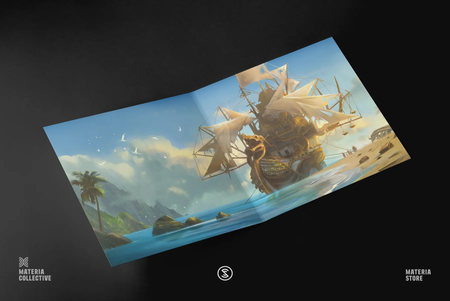 The full inside spread of the Guild Wars 2: Visions of Eternity vinyl shot on a black background. The entire inside spread is a full cover illustration of a large lush misty island with a palm tree, some small rocks on the outskirts, and white sea birds flying all around the island, some in the distance. The right side of the spread is covered by a massive ornate dragon-like pirate ship with 10+ sails, gold detailing, and is pulled up next to a small beach with various debris and a group of people.