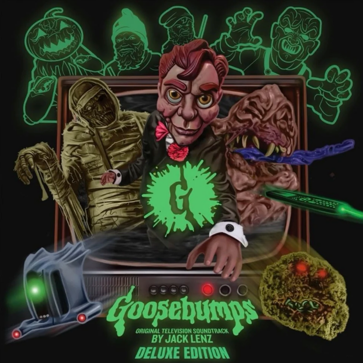 Goosebumps Original Television Soundtrack by Jack Lenz Deluxe Edition cover art featuring a central creepy character in a suit with a green glow logo, surrounded by monsters, a mummy, a brain-like creature, and a spaceship on a black background.