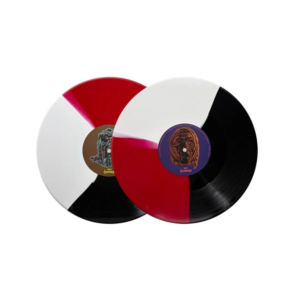 Two vinyl records overlapping on a plain white background. One record is split into white, red, and black sections with a brown center label, and the other is split into white, red, and black sections with a purple center label featuring an illustrated face.
