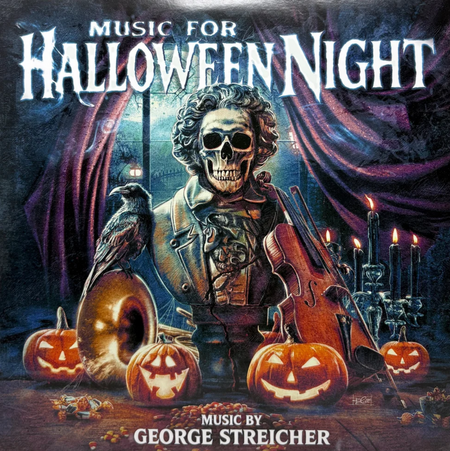 Front cover art featuring a bust wearing dapper vintage clothing that also has a skeleton face and puffed up curly hair. There's a french horn with a crow on it, a violin, then four jack o lanterns. The background is a spooky haunted mansion type setting.