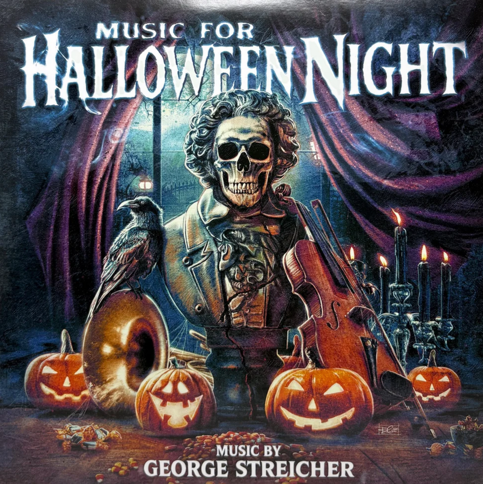 Front cover art featuring a bust wearing dapper vintage clothing that also has a skeleton face and puffed up curly hair. There's a french horn with a crow on it, a violin, then four jack o lanterns. The background is a spooky haunted mansion type setting.