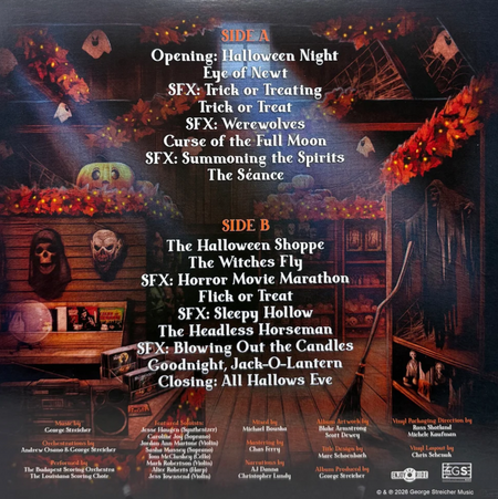 Back cover for Music for Halloween Night, the entire backdrop is the interior of a record store decorated for Halloween with numerous masks, cobwebs, leaves, and pumpkins. Typeset over the image is the tracklist and then the credits.