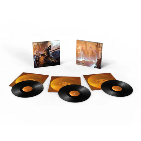 The front and back jacket of the Halo 2 vinyl propped up against a white background with the fronts of the inner sleeves and black records in front of them. The jackets and center labels are a rusty orange yellow tone with the Halo 2 "2" icon on them.