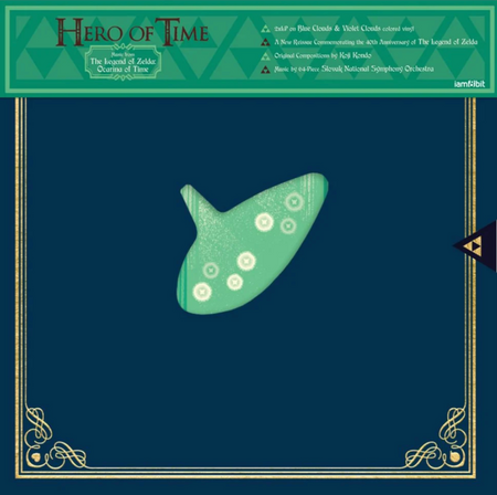 Front of the Hero of Time vinyl set, featuring a die cut of an ocarina in the center of a navy blue booklike cover. The ocarina is green with the holes being little fairies. There is a green OBI strip with text at the top, decorated with lighter green triforce icons. all aropund the edge of the blue cover is gold decor lines.
