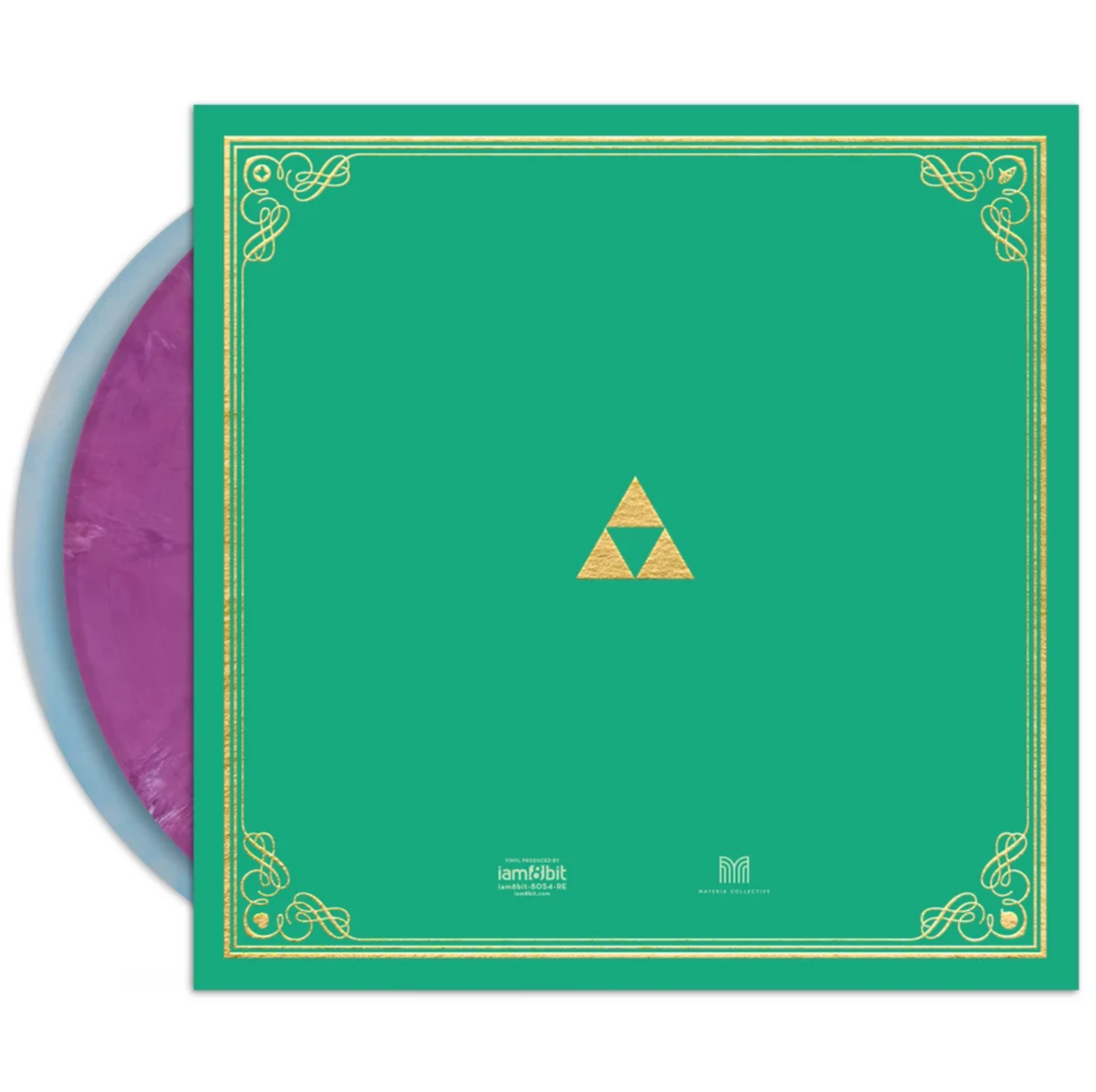 The backside for the Hero of Time vinyl set, featuring a solid green background and gold decorative lines all around the edge like a book. The center has a gold foil triforce, and then down below the triforce close to the bottom are logos.