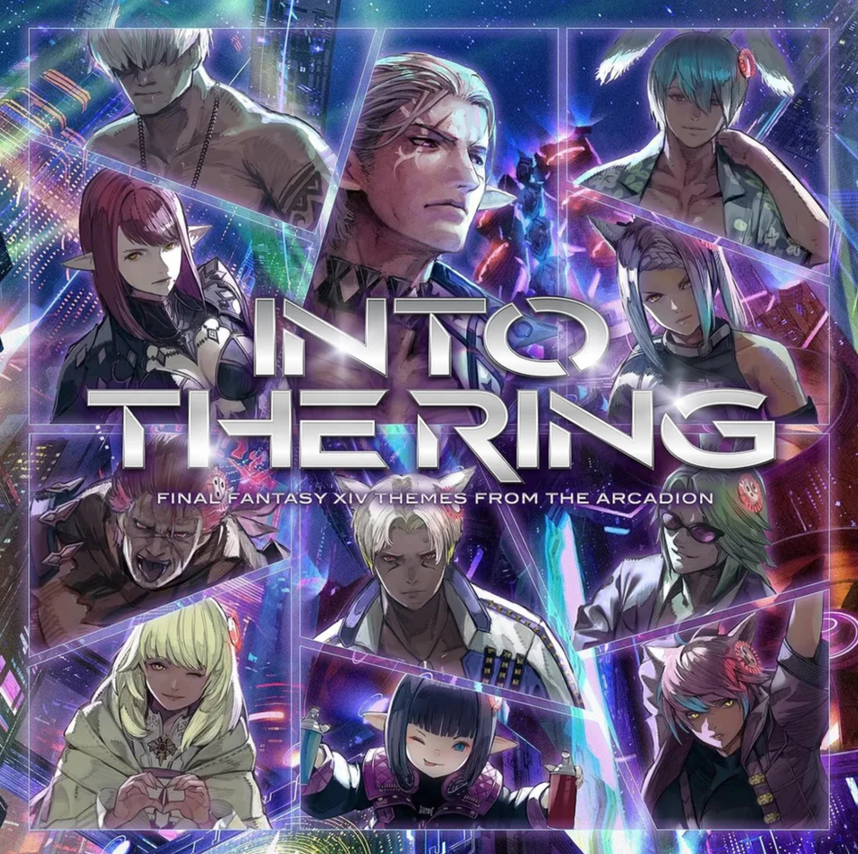 Various illustrated Final Fantasy characters in a fractured grid with "INTO THE RING" and "FInal Fantasy XIV Themes from the Arcadion" in a stylish font in the center of the artwork.
