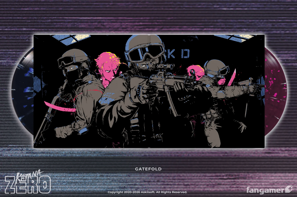 Katana Zero gatefold inside featuring a stylized illustration of various gray grunts with guns getting ambushed by hot pink colored katana wielders.