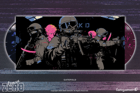 Katana Zero gatefold inside featuring a stylized illustration of various gray grunts with guns getting ambushed by hot pink colored katana wielders.