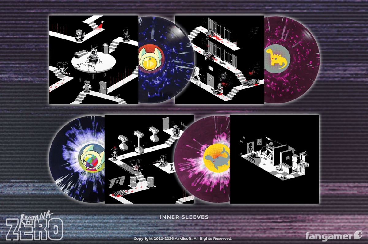A full spread showing the inner sleeves for Katana Zero. All in black and white with various in game scenarios and the only color being red blood. The purple and magenta discs are shown all 4 sides and how they look from each angle.