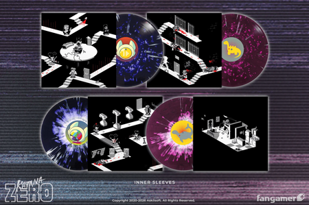 A full spread showing the inner sleeves for Katana Zero. All in black and white with various in game scenarios and the only color being red blood. The purple and magenta discs are shown all 4 sides and how they look from each angle.