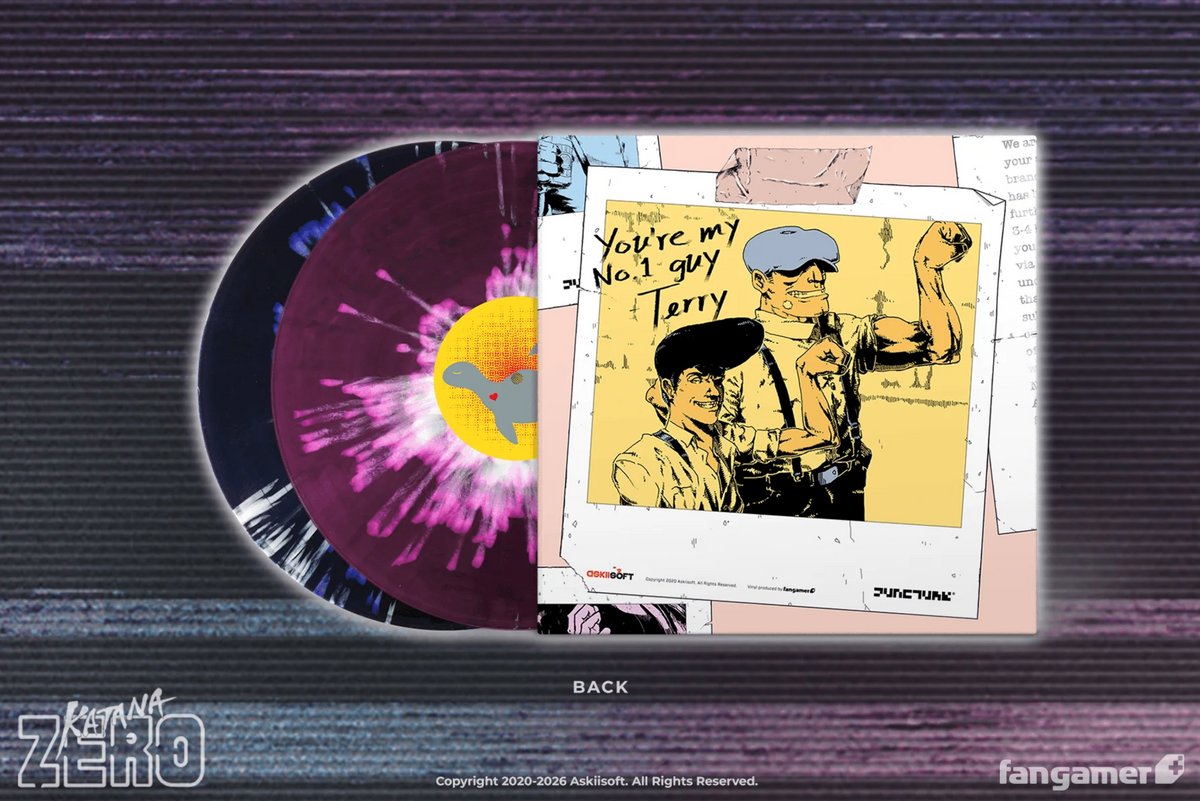 Vinyl record album cover shown on a dark textured background, featuring a purple and pink marbled record partially pulled from the sleeve. The cover art includes a yellow tone illustrated portrait and handwritten text reading "You're my No. 1 guy Terry". The discs are sticking out showing the back, which has more of the white splatter showing.