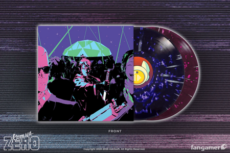 Stylized black linework illustrations colored with neon highlights and a purple background to make everything pop. The crowd is holding up a large gem and the focal point is the main character with a katana. The records are sticking out of the jacket, one being a purple ghostly splatter and the other a magenta ghostly splatter.