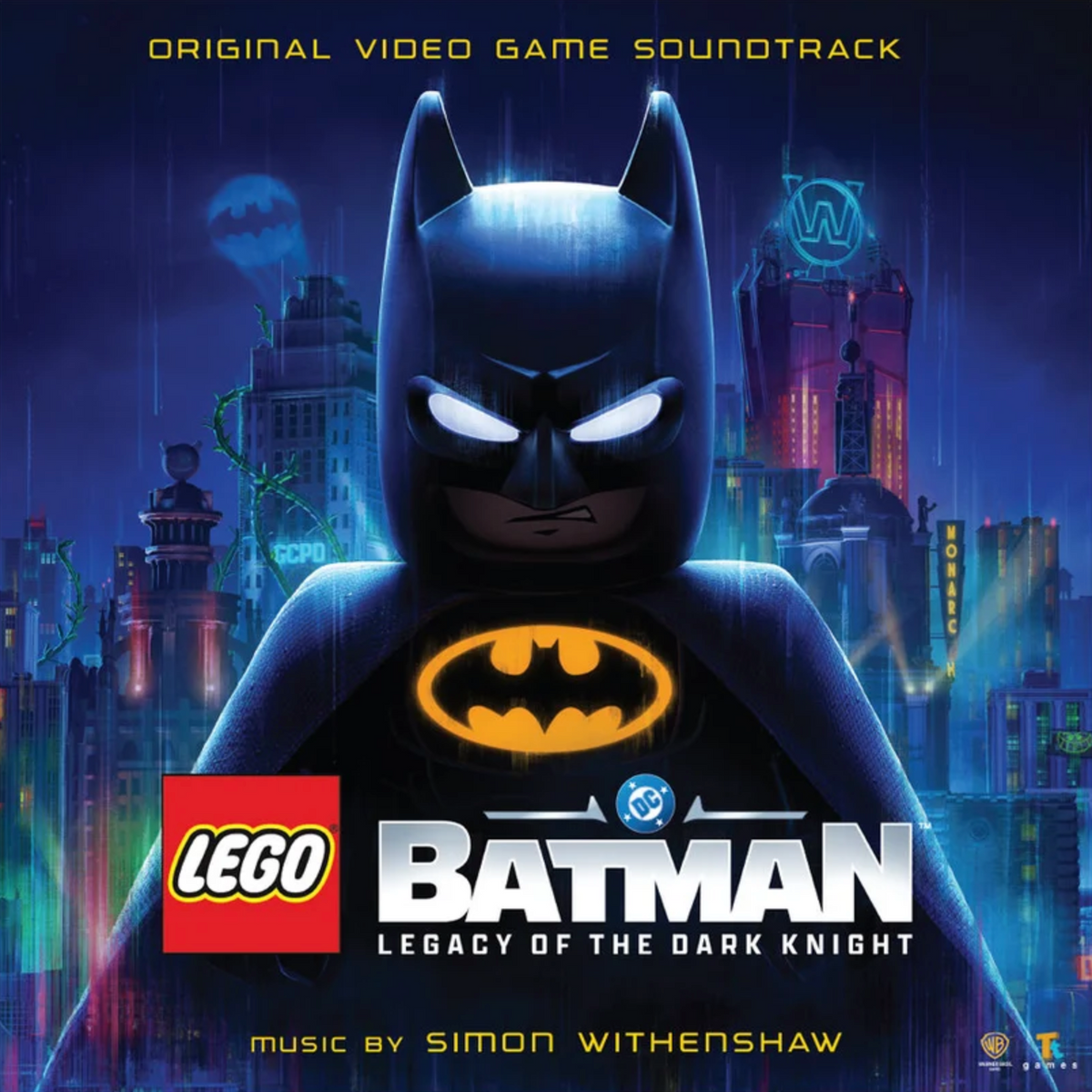 Front cover for the LEGO Batman Legacy of the Dark Knight original video game soundtrack, showing a key art LEGO Batman figure centered against a neon-lit city skyline at night. Visible text includes "Original Video Game Soundtrack," "LEGO Batman", and "Music by Simon Withenshaw".