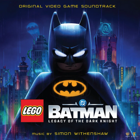 Front cover for the LEGO Batman Legacy of the Dark Knight original video game soundtrack, showing a key art LEGO Batman figure centered against a neon-lit city skyline at night. Visible text includes "Original Video Game Soundtrack," "LEGO Batman", and "Music by Simon Withenshaw".