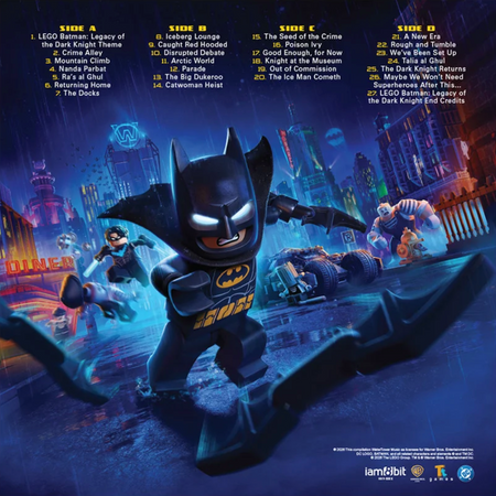 Back cover for the Lego Batman vinyl featuring an action scene of Batman throwing batarangs towards the viewer and behind him are various villains from the game. The setting is a rainy neon-lit city with skyscrapers in the background. above the action scene towards the top is the tracklisting.