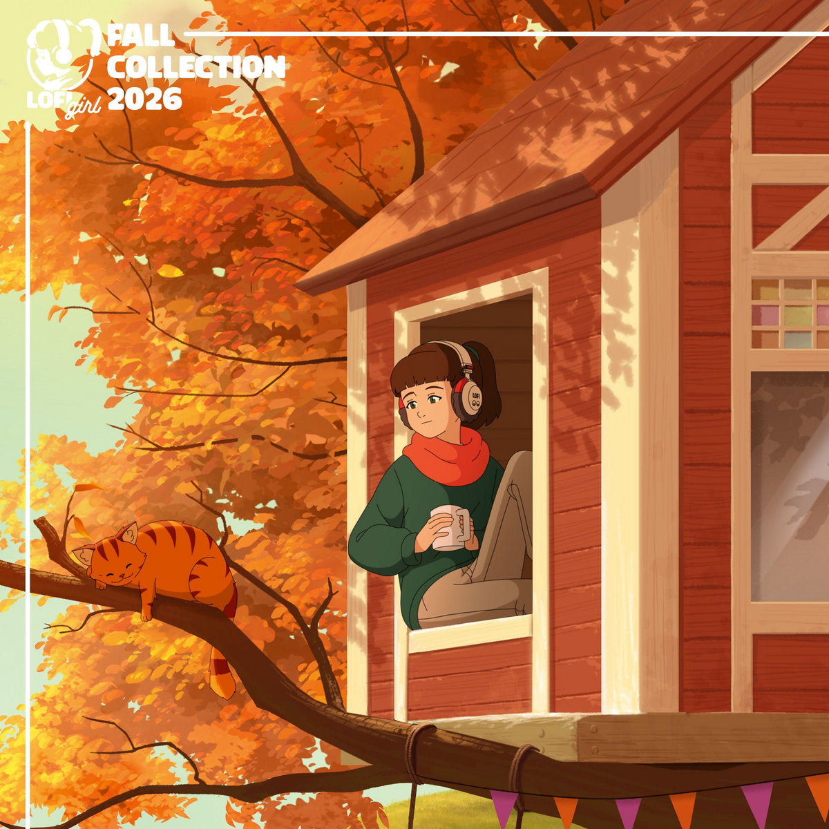 A red and white treehouse sits in the center of a large tree with its fall colored leaves taking up most of the background. In one of the open windows of a treehouse sits Lofi Girl looking out at her orange tabby cat sleeping on a tree branch. The top left says "Lofi Girl fall collection 2026".