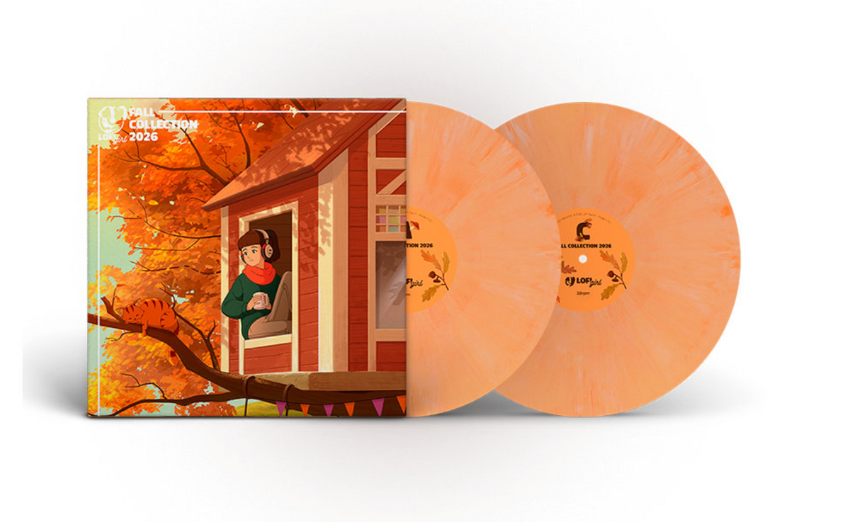 A red and white treehouse sits in the center of a large tree with its fall colored leaves taking up most of the background. In one of the open windows of a treehouse sits Lofi Girl looking out at her orange tabby cat sleeping on a tree branch. The top left says "Lofi Girl fall collection 2026". The two light orange swirl records are displayed sticking out of the record jacket.