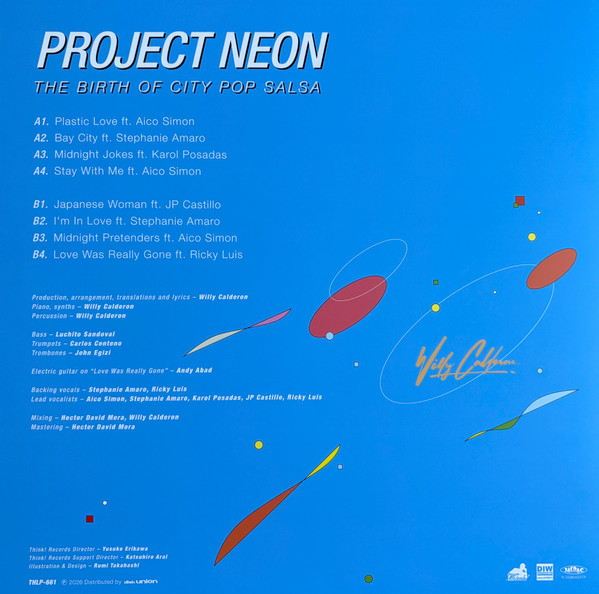 Album cover art for 'Project Neon: The Birth of City Pop Salsa' featuring a bright blue background with a tracklist on the left and abstract red, yellow, and white geometric shapes on the right. The text 'Yeezy Lo' appears in a stylized signature font near the lower right.