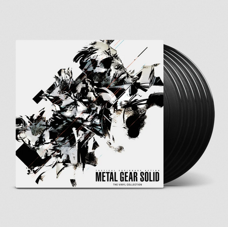 Metal Gear Solid vinyl collection box with a black and white illustrative front and black vinyl records partially visible behind it on a light gray background.