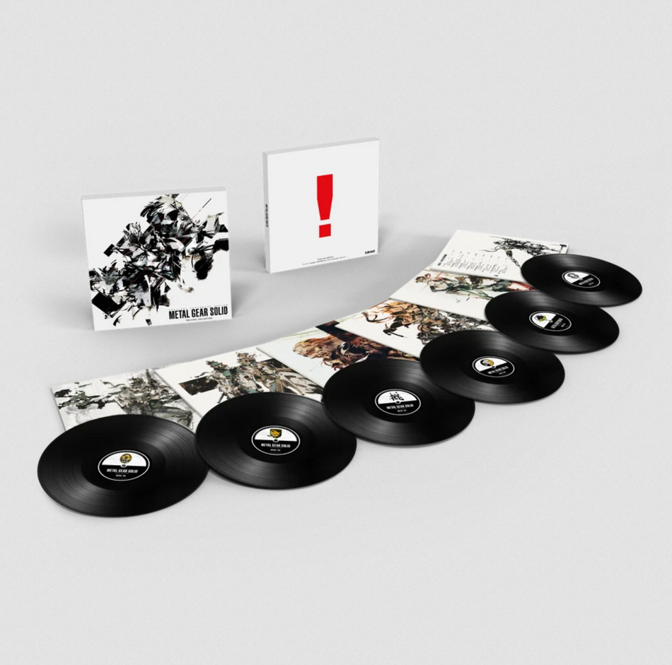 Metal Gear Solid vinyl box set with the front and back of the box on display, one side having black and white illustrations and the other having a large red exclamation point, and then all the illustrative jackets spread out with the black records on top partially.