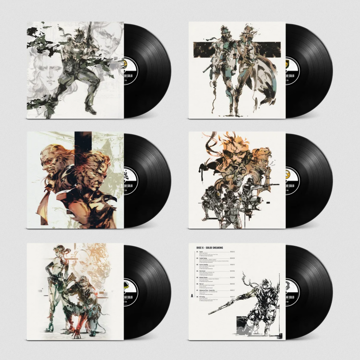 All the Metal Gear Solid box set jackets on display, 5 out of 6 featuring illustrations by Yoji Shinkawa and the bottom right jacket featuring a smaller illustration by Shinkawa and an example of the tracklist.