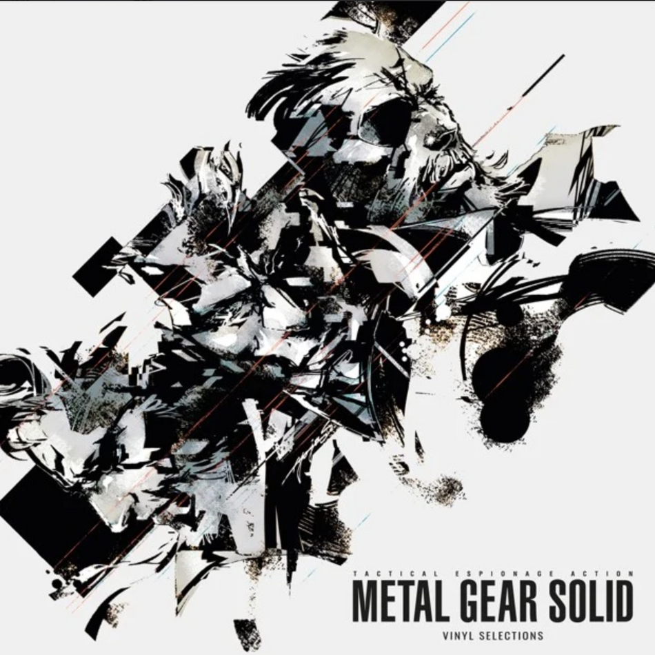 Front cover of the Metal Gear Solid vinyl selections 2LP, featuring a white background with black and grey key art of characters from MGS. the art work is at a diagonal, and in the bottom right corner is the title reading "tactical espionage action, Metal Gear Solid vinyl selections"
