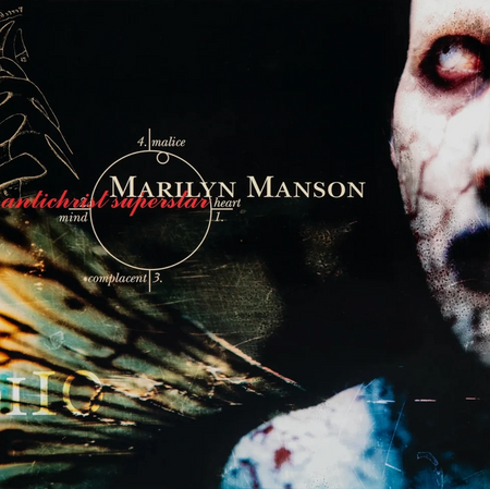A gritty grungy backdrop with dark colors and a pale zombie like creature on the right side. Only half the face and shoulder are showing. A diagram type graphic is to the left that says "Marilyn Manson antichrist superstar" underneath it.