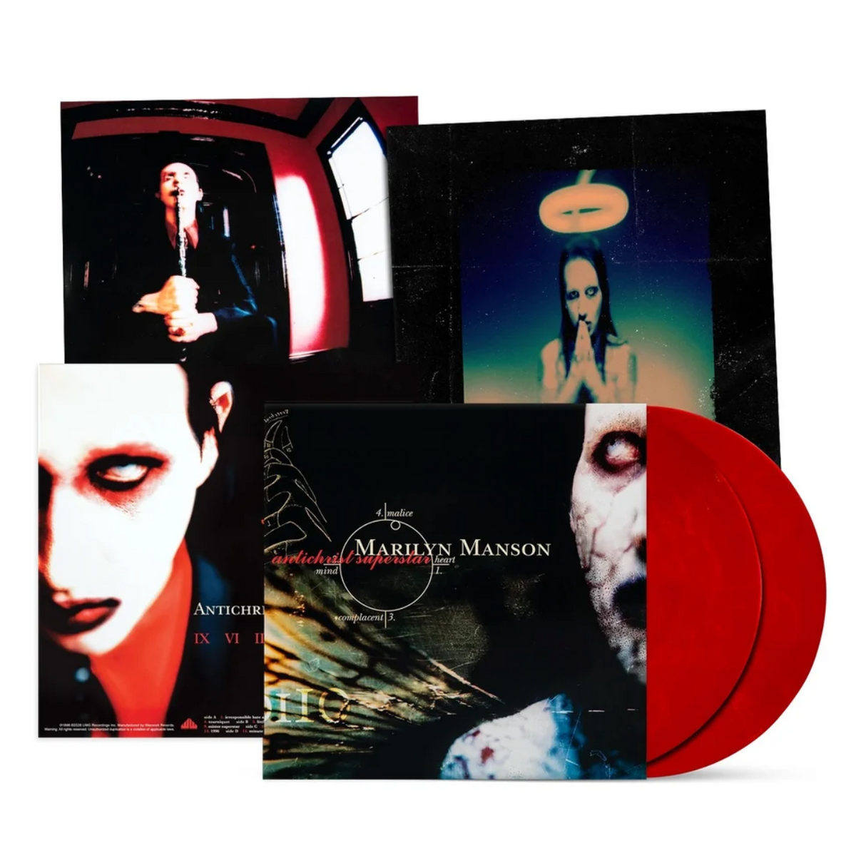 The full spread for the Antichrist Superstar vinyl. The back cover and both sides of the inners are 2000s style edited photographs with heavy exposure and color editing. The front cover is similar to a grungy scientific diagram with dark colors and what looks like a zombie on the right side. Two red vinyl records are sticking out the side of the front cover.