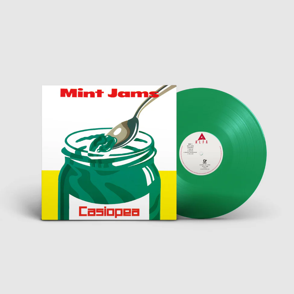 Vinyl record and cover with 'Mint Jams' and 'Casiopea' branding on a white background, the record is sticking out the jacket and it an emerald green variant