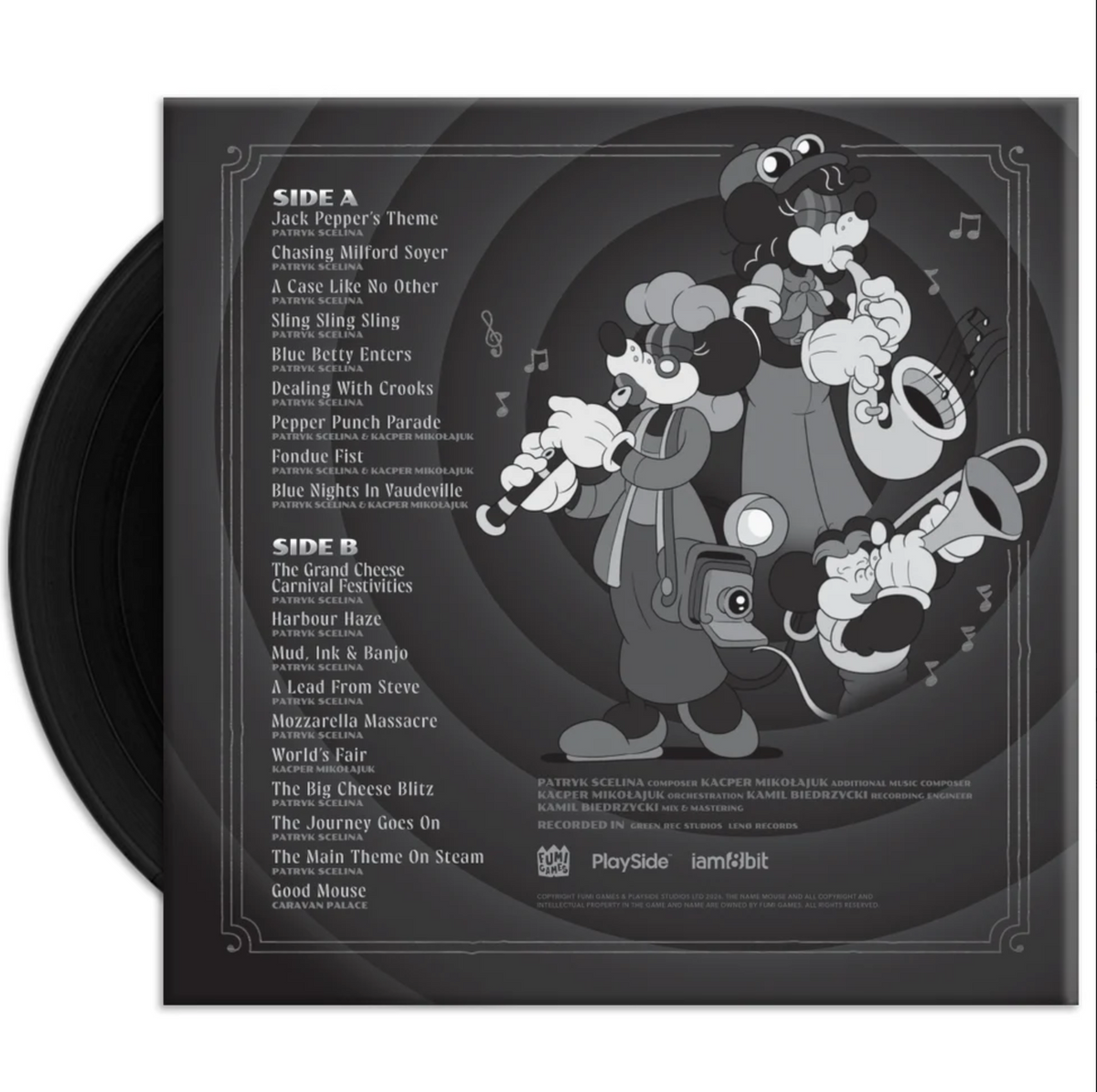 Mouse P.I  record jacket back featuring a black-and-white illustrated collage of cartoon characters and track listings for the Mouse P.I. vinyl, shown against a plain white background.