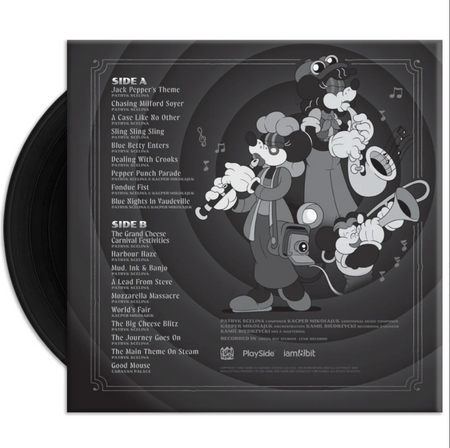 Mouse P.I  record jacket back featuring a black-and-white illustrated collage of cartoon characters and track listings for the Mouse P.I. vinyl, shown against a plain white background.