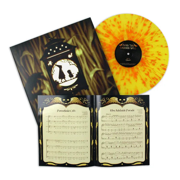 The full spread of the vinyl edition, featuring the cover art with a lit lantern hangs in front of a corn field and the silhouette of two characters is in the center of the lantern. The vinyl is a bright yellow with a dense orange splatter and a black center label. The record comes with sheet music, which is displayed in front of the vinyl.