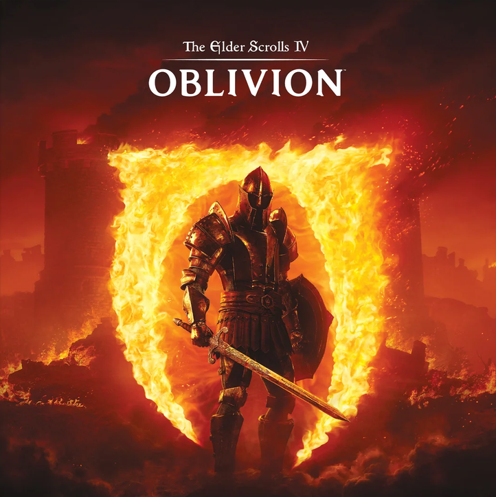 Front cover for the Elder Scrolls IV Oblivion vinyl record. In the background is a castle with multiple plumes of smoke with lots of firey landscape in the foreground. In the middle of this landscape stands a knight in head to toe armor with a sword and shield, and right behind them is the Oblivion icon set ablaze.