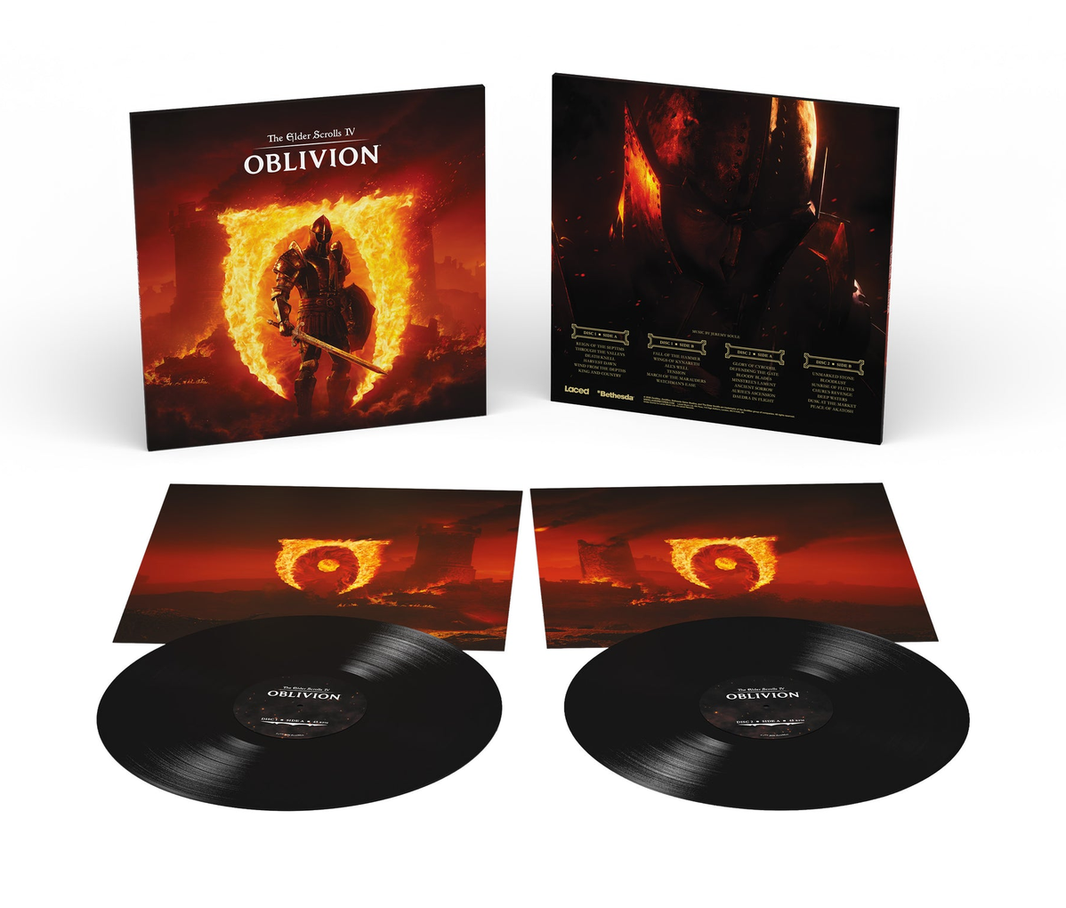 Full spread for the Elder Scrolls IV Oblivion vinyl. The top left features the front cover, with a knight in armor standing in the middle of a firey scene. The back cover is a zoomed in shot of the night's helmet and face with the tracklist displayed horizontally along the bottom in a row. The inner sleeves show two halves of the same landscape with a castle on fire and the Oblivion icon in the center completely ablaze. On top of the inner sleeves are the black discs with black center labels.