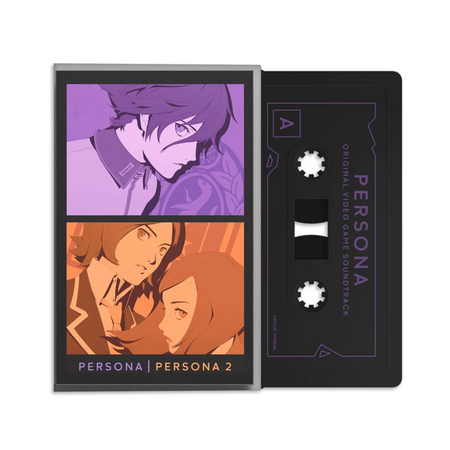 Persona 2 Original Video Game Soundtrack cassette tape album art shown on a white background, featuring a black cassette with purple text next to a cover panel with purple and orange anime-style character art.