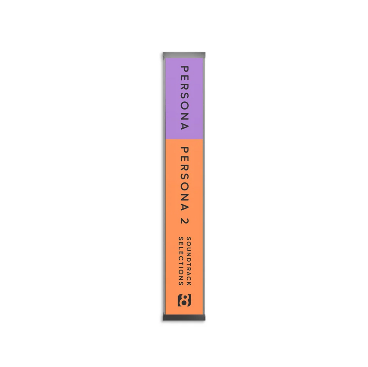Cassette tape spine standing upright on a plain white background. The top section is light purple with the word 'PERSONA' in black, and the lower section is orange with 'PERSONA 2 SOUNDTRACK SELECTIONS'