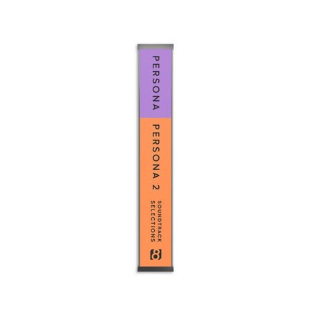 Cassette tape spine standing upright on a plain white background. The top section is light purple with the word 'PERSONA' in black, and the lower section is orange with 'PERSONA 2 SOUNDTRACK SELECTIONS'