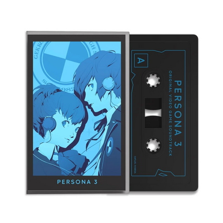 Persona 3 original video game soundtrack cassette tape and its matching jewel case cover, featuring blue and black anime style artwork of two protagonists.