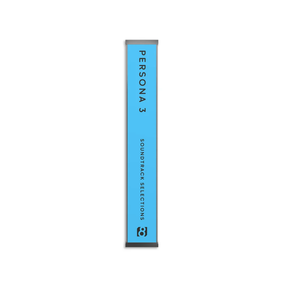 Persona 3 cassette tape spine featuring the text 'PERSONA 3 SOUNDTRACK SELECTIONS' in black vertical lettering and a blue background.