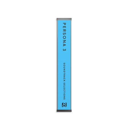Persona 3 cassette tape spine featuring the text 'PERSONA 3 SOUNDTRACK SELECTIONS' in black vertical lettering and a blue background.